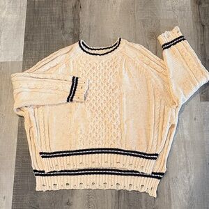 PILCRO Oversized Varsity by Cream and Black Cable Knit Sweater
